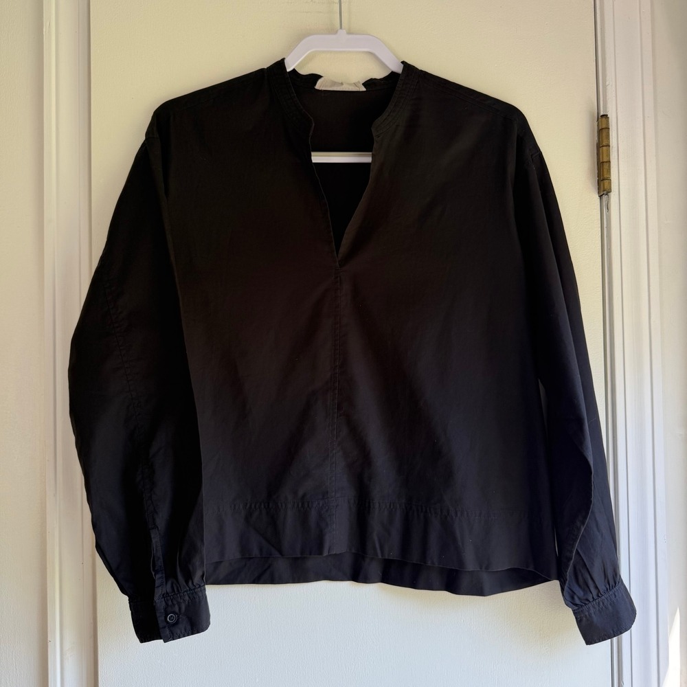 Everlane Womens Black Cotton Split Neck Poplin Blouse Relaxed Fit Size 4